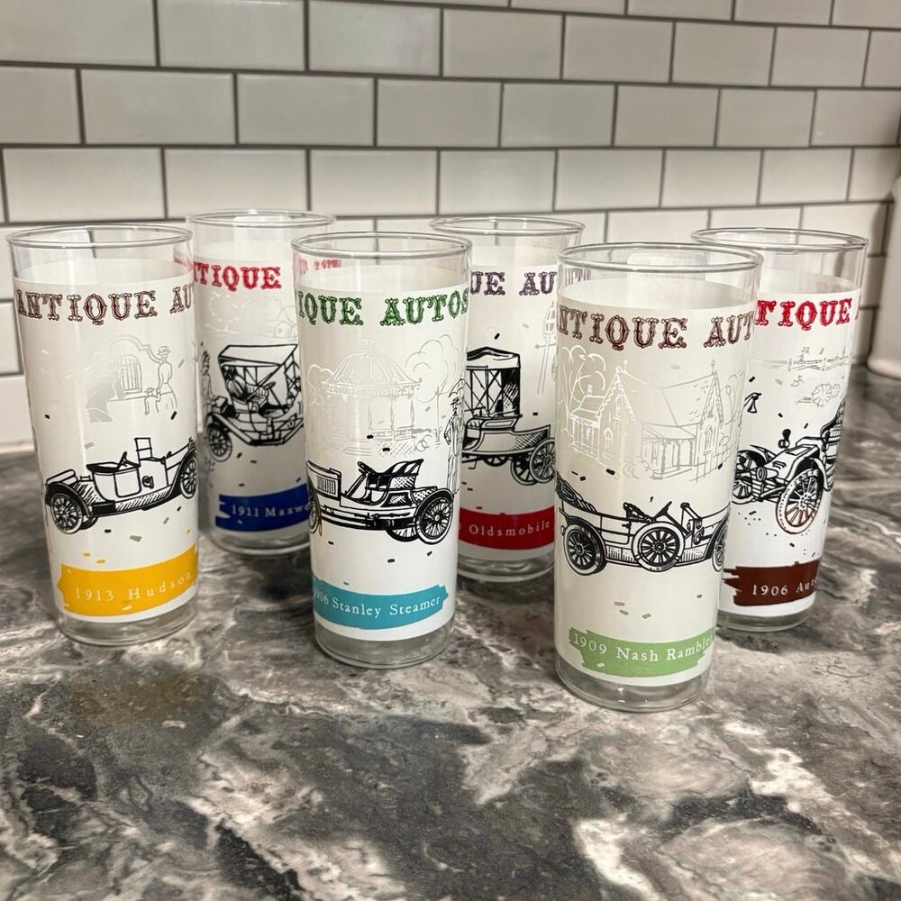 6 Piece Anchor Hocking Antique Auto Tumbler Glasses 6.75" Tall 16oz 1960s